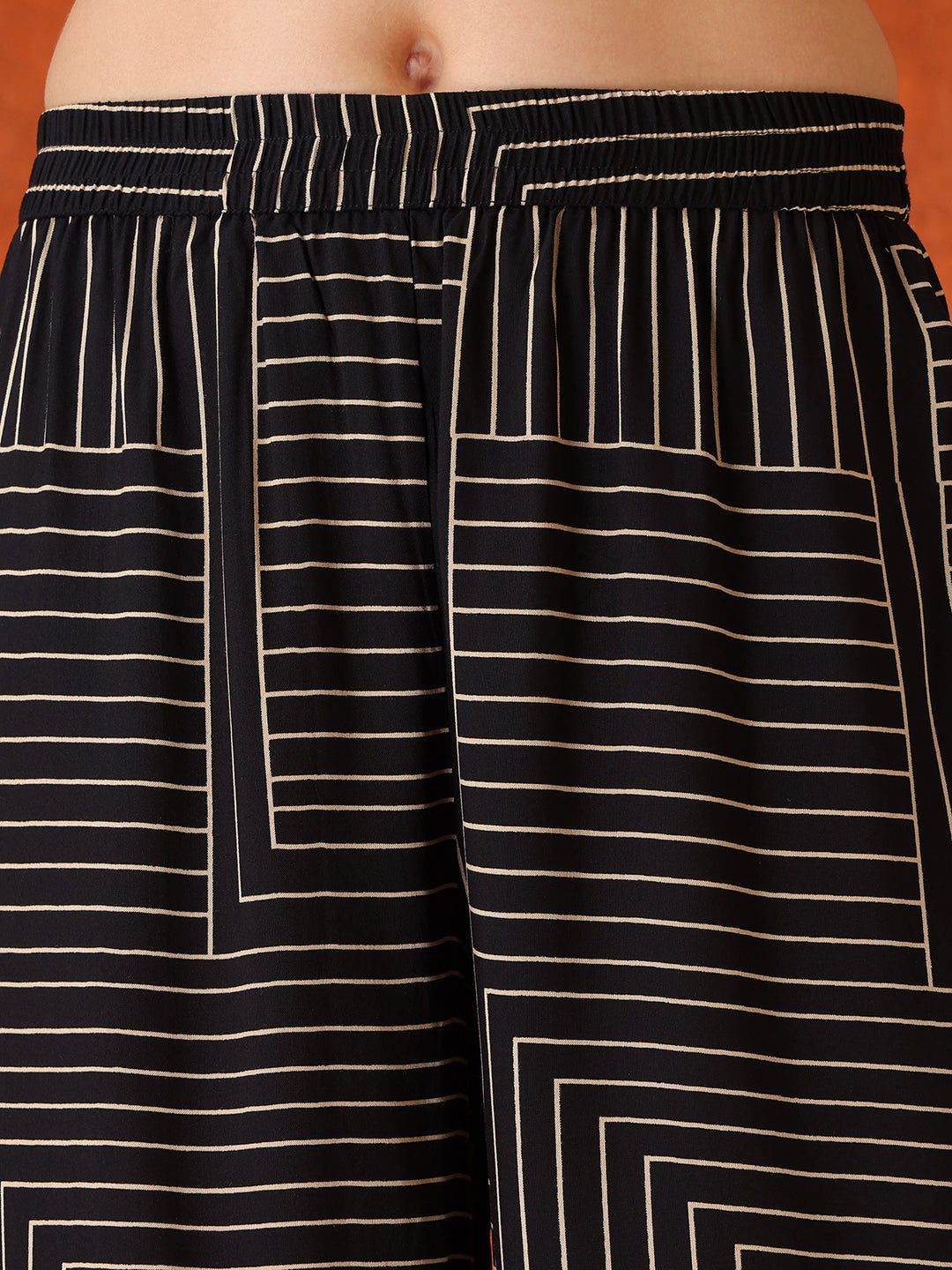 Black Geometric Striped Sleeveless A-Line Kurta With Matching Palazzo Pant, Black - Hiral Fashion