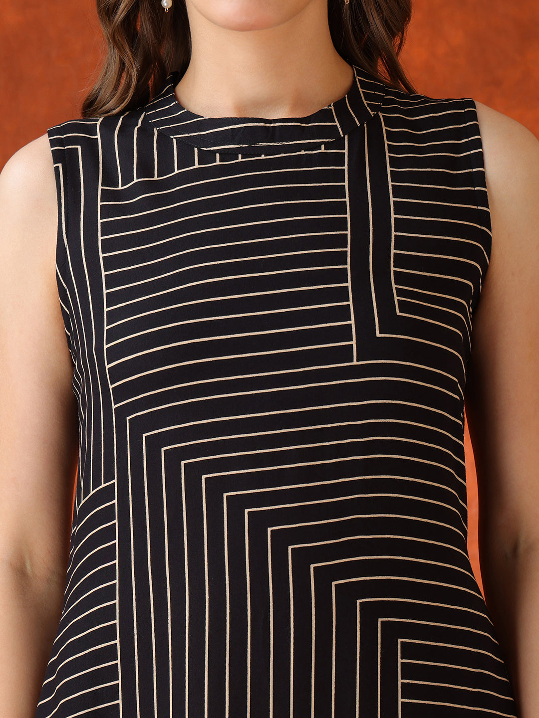 Black Geometric Striped Sleeveless A-Line Kurta With Matching Palazzo Pant, Black - Hiral Fashion
