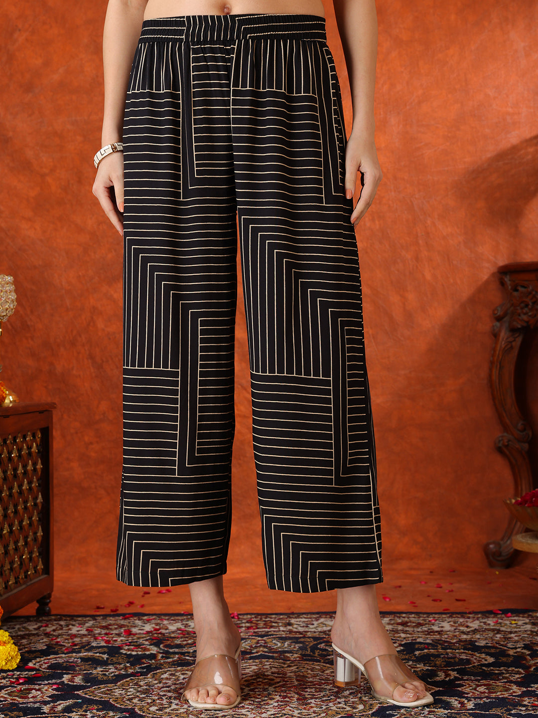 Black Geometric Striped Sleeveless A-Line Kurta With Matching Palazzo Pant, Black - Hiral Fashion