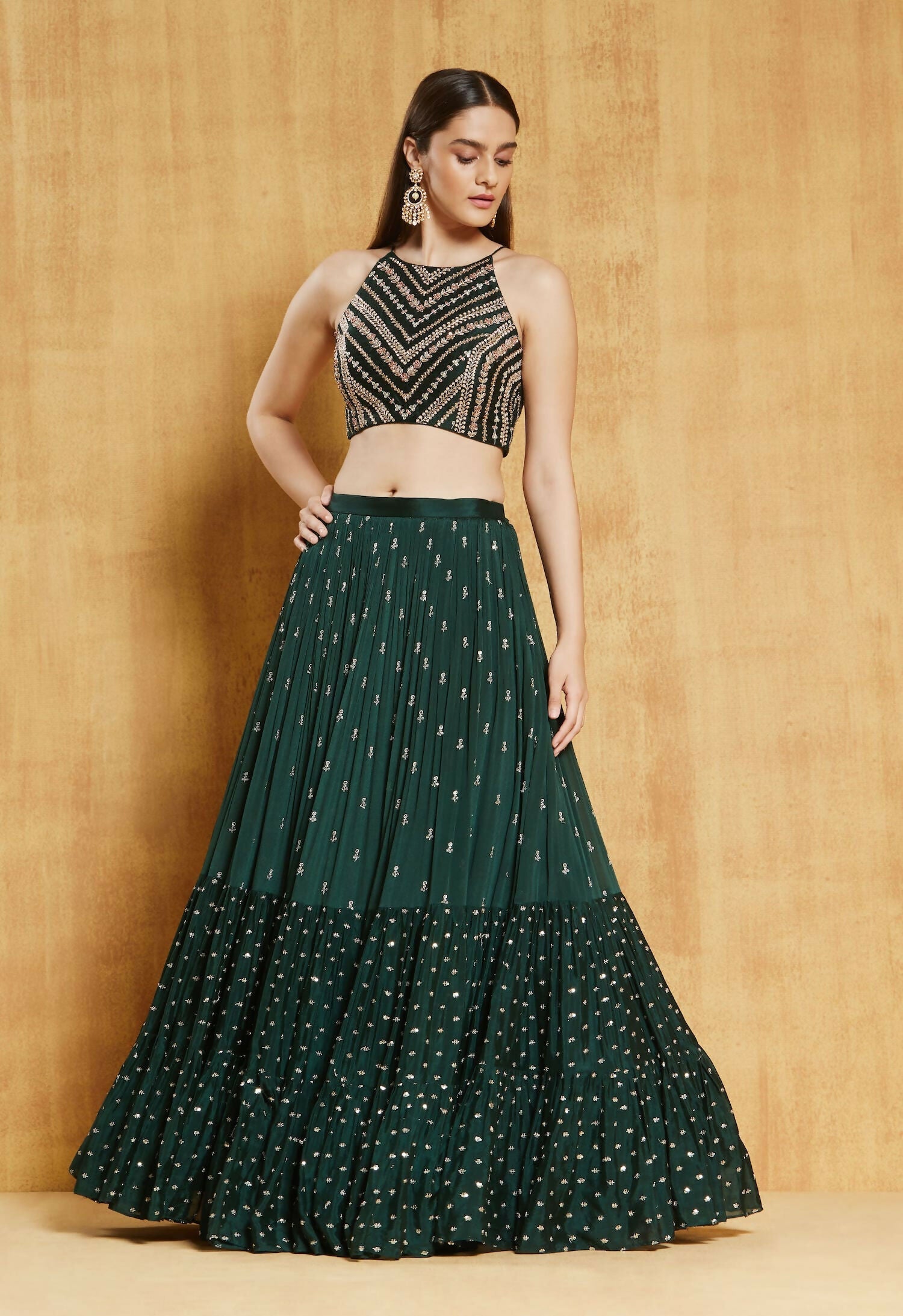 Jyoti Fashion Bottle Green Sequence Embroidery Georgette Designer Lehenga Choli with Dupatta | Swadesiicart