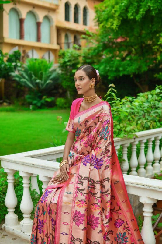 Vishnu Weaves Women's Pink Paithani Silk Zari Woven Saree with Unstitched Blouse - Swadesiicart