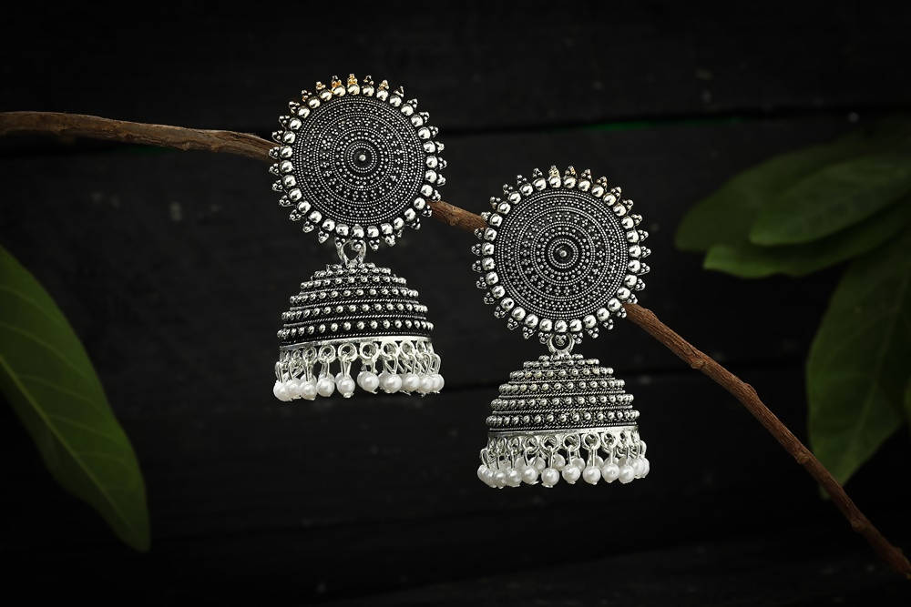 Mominos Fashion Johar Kamal Silver Color Jhumkas With White Pearls Earrings - Swadesiicart