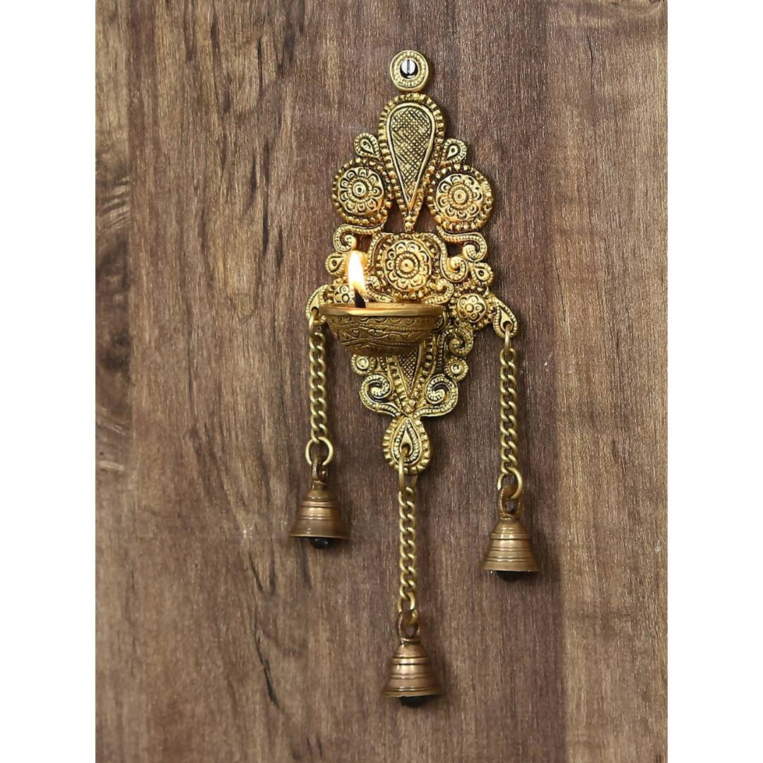 eCraftIndia Gold-Toned Handcrafted Antique Finish Diya with Bells Decorative Wall Hanging Showpiece | Swadesiicart