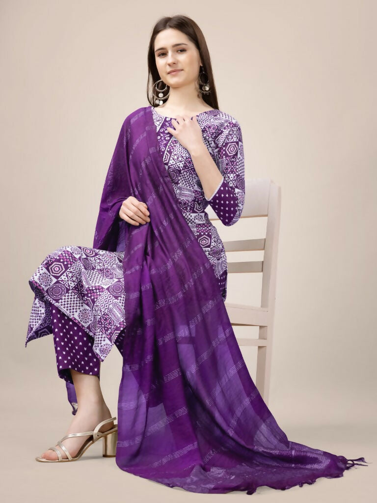 Jyoti Fashion Women's Purple Rayon Print with Embroidery & Fancy Lace Work Kurta with Trouser & Dupatta | Swadesiicart