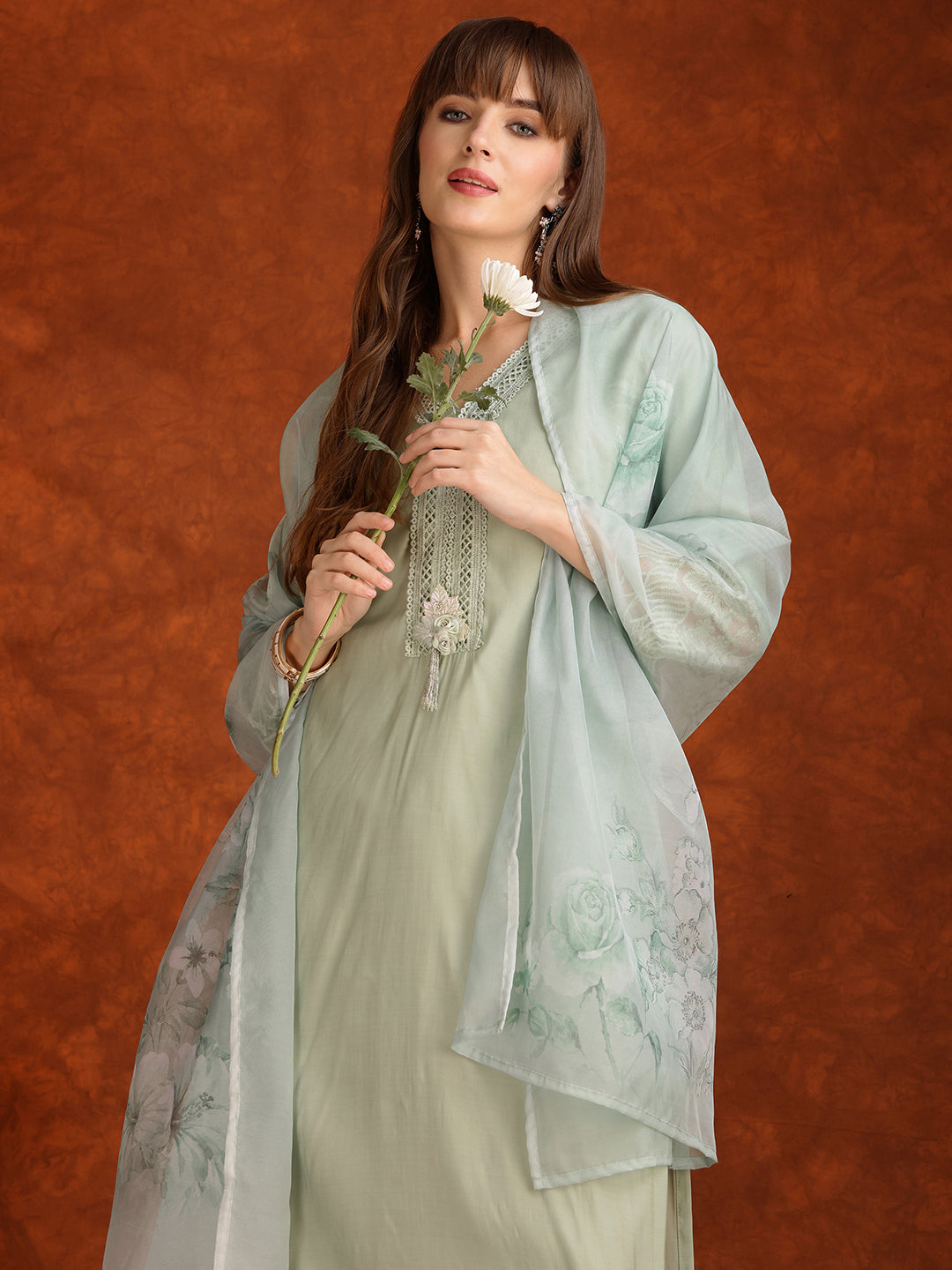 Artificial Flower & Lace Detailing Kurta With Pant & Dupatta, Green - Hiral Fashion