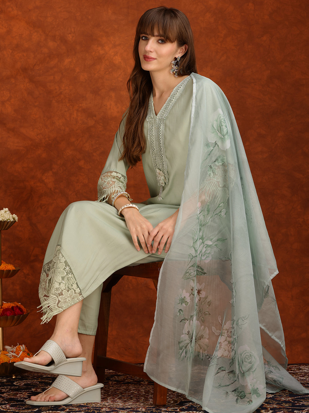 Artificial Flower & Lace Detailing Kurta With Pant & Dupatta, Green - Hiral Fashion