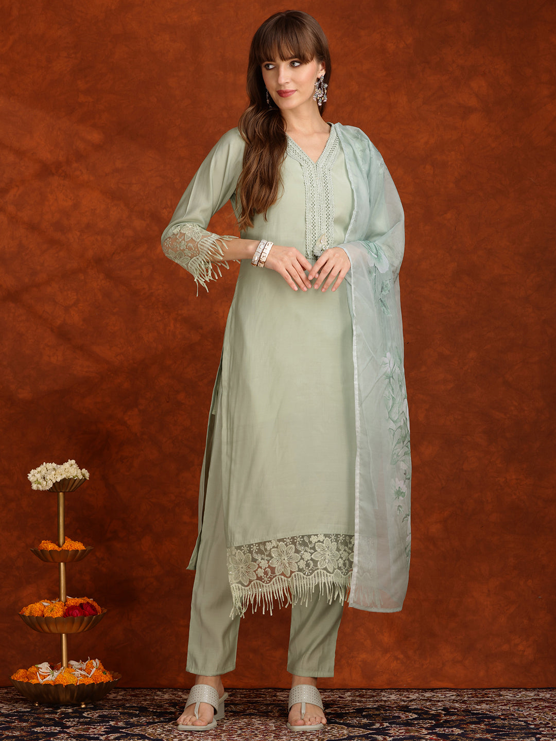 Artificial Flower & Lace Detailing Kurta With Pant & Dupatta, Green - Hiral Fashion