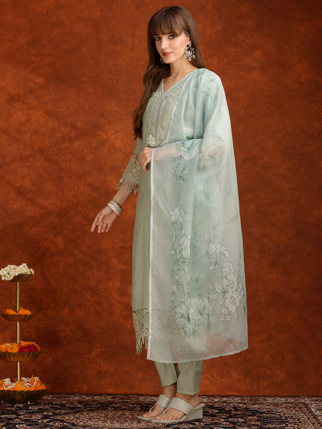 Artificial Flower & Lace Detailing Kurta With Pant & Dupatta, Green - Hiral Fashion