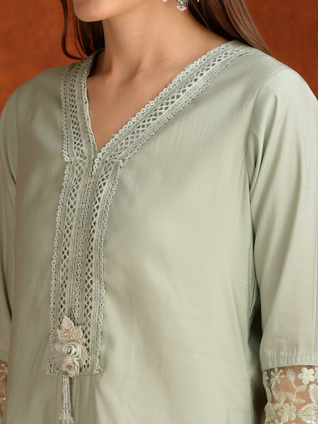Artificial Flower & Lace Detailing Kurta With Pant & Dupatta, Green - Hiral Fashion
