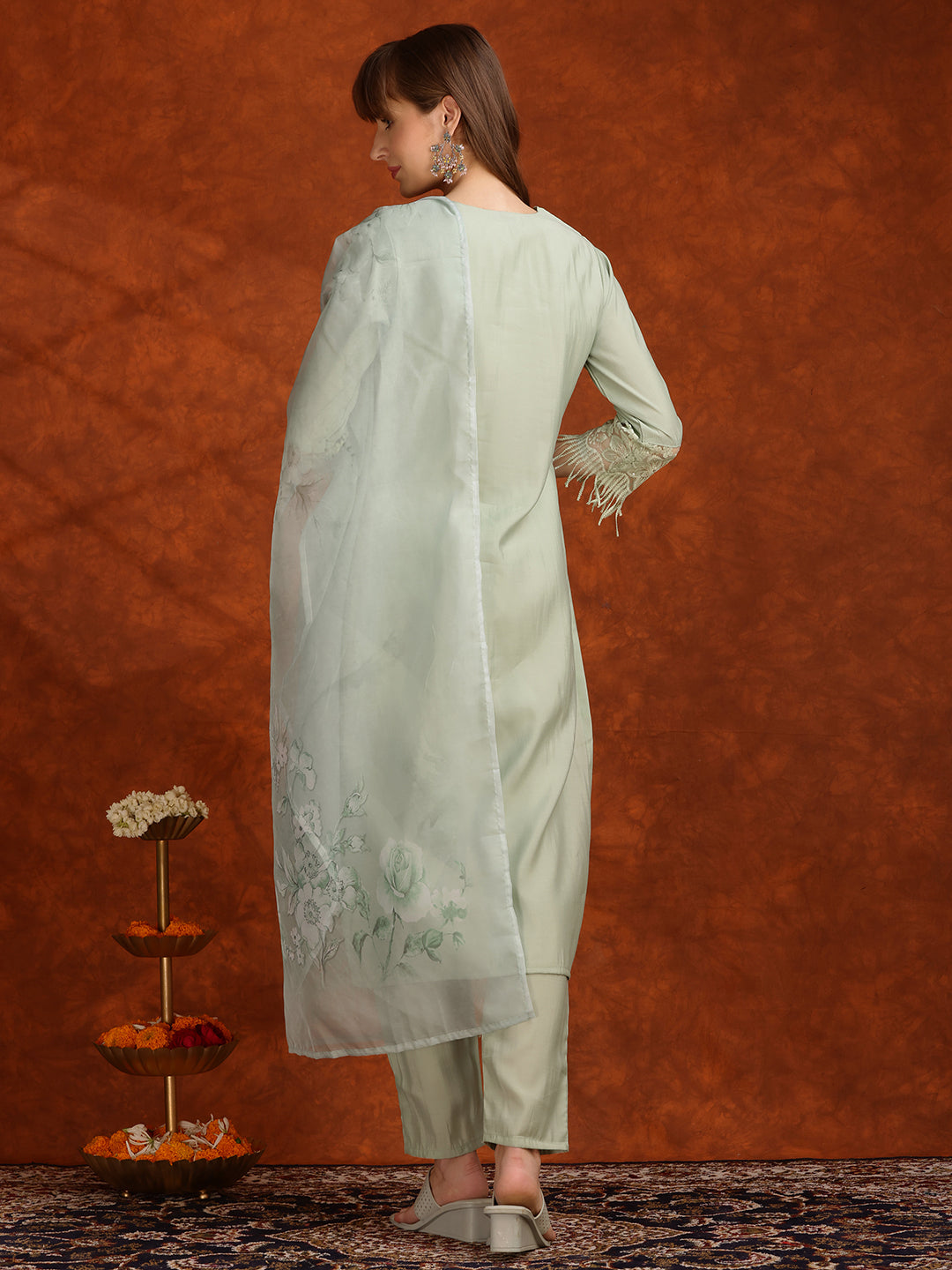 Artificial Flower & Lace Detailing Kurta With Pant & Dupatta, Green - Hiral Fashion