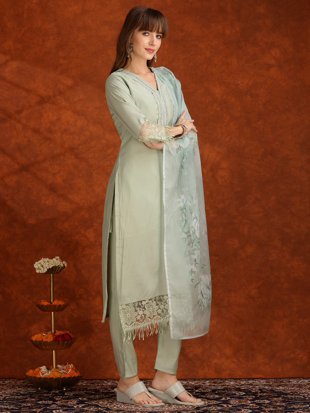 Artificial Flower & Lace Detailing Kurta With Pant & Dupatta, Green - Hiral Fashion