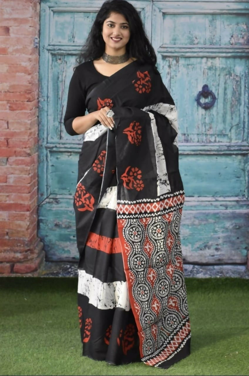 Exclusive Collection Black Multi Beautiful Mulmul Cotton Saree - Swadesiicart