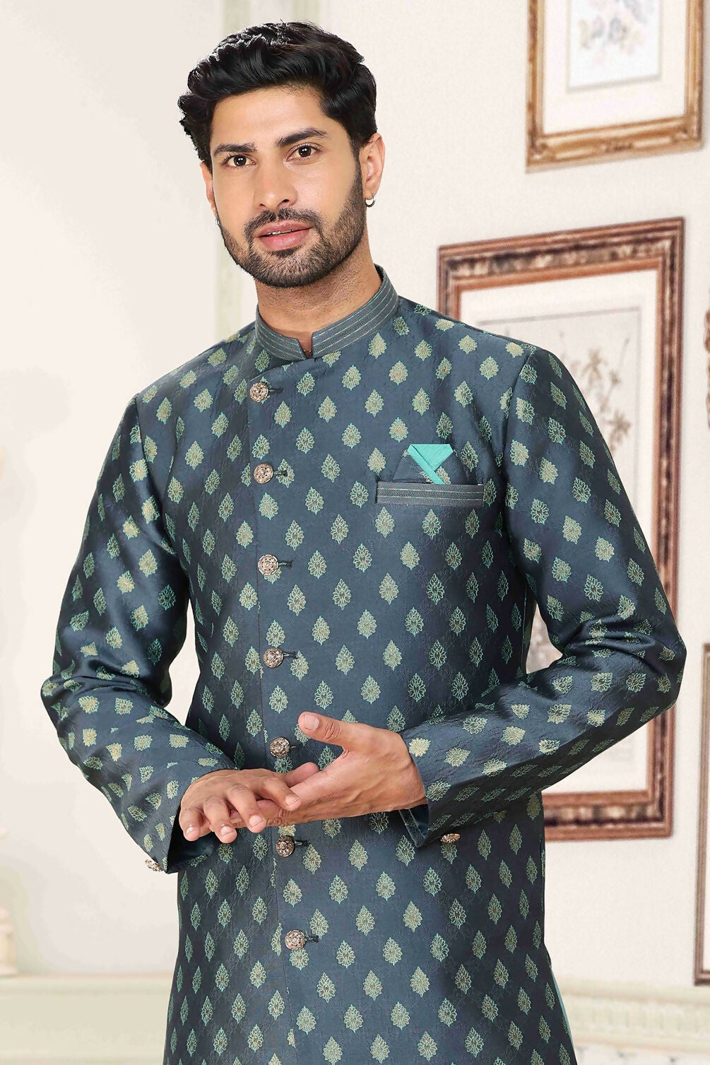 Raivat Ethnic Banarasi Jacquard Embroidery Semi Indo Western Sherwani In Grey Blue Colour | Swadesiicart