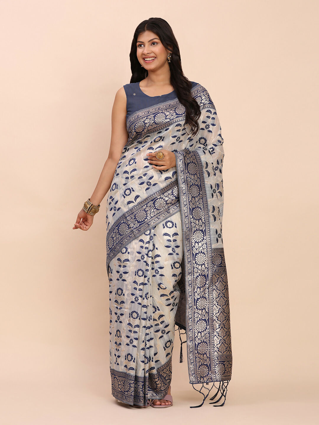 Shree Shyam Fashion Linen Cotton Navy Blue Saree