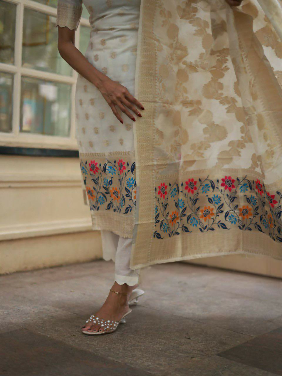 The52 White Women's Beautiful Viscose Jacquard Fabric Printed Work Straight Kurta Pant and Dupatta Set - Swadesiicart