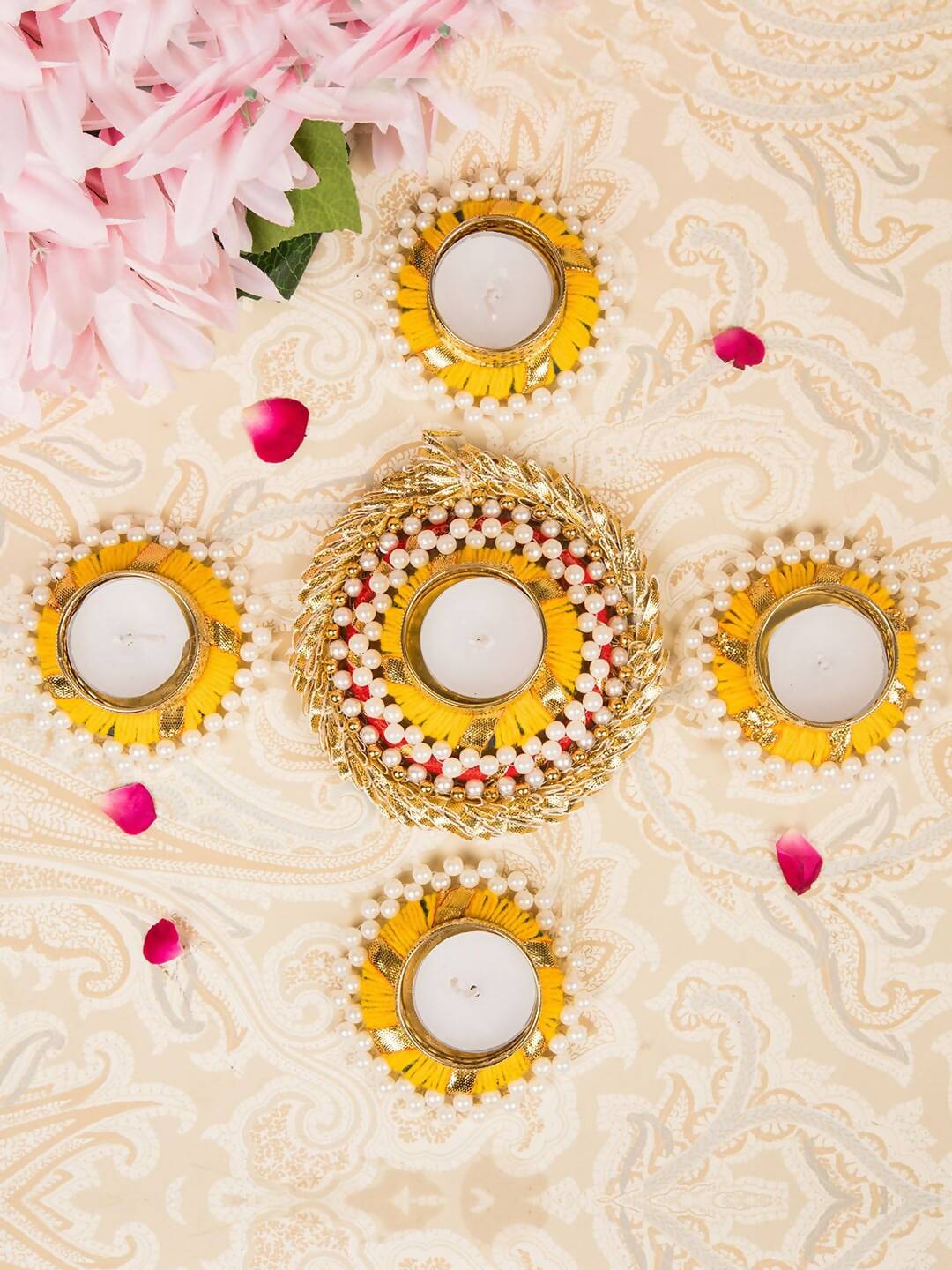 Tied Ribbons Set Of 5 Golden Diwali Dcoration Tealight Candle Holder | Swadesiicart