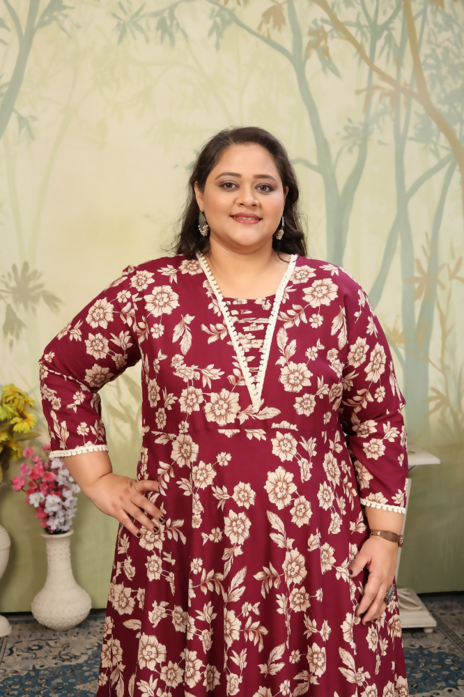 Jyoti Fashion Women's Wine Rayon Floral Print with Sequins Designer Anarkali Set | Swadesiicart
