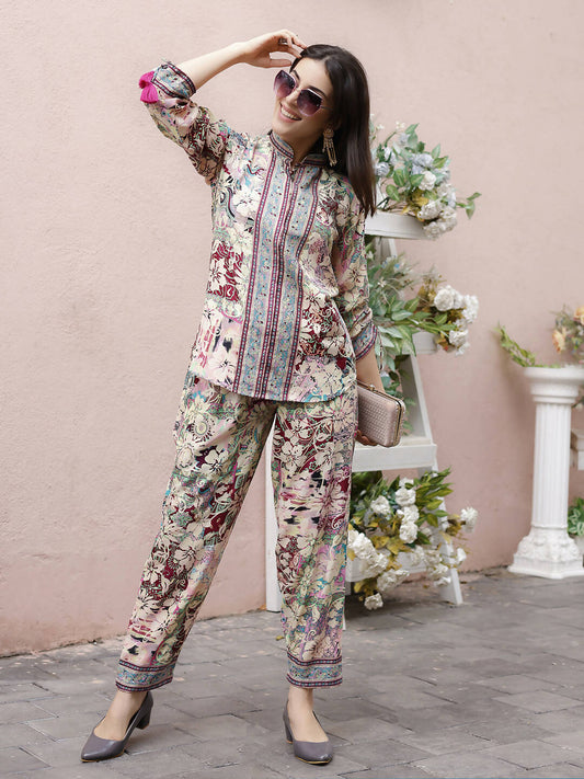 Cream Rayon Floral Printed Top with Matching Bottom - Eesha - Swadesiicart