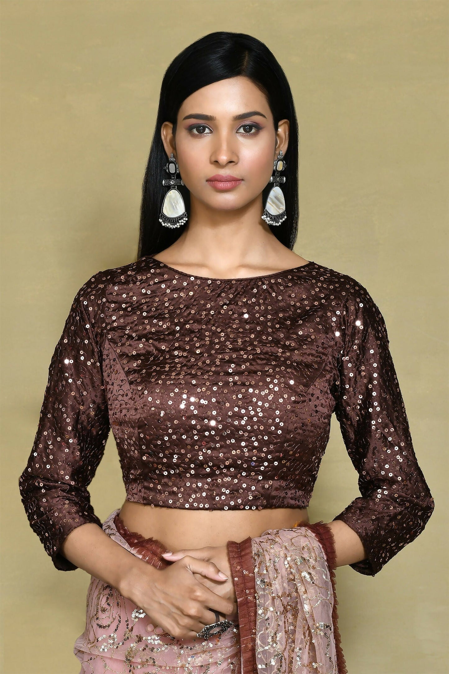 Brown Net Sequence Embroidered Festive Saree - Nimaya Denzy