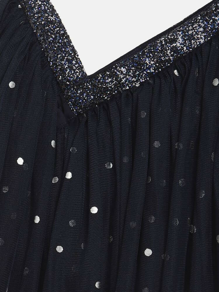 Ahalyaa Navy Blue Net Asymmetric Kids Top With Skirt For Girls | Swadesiicart