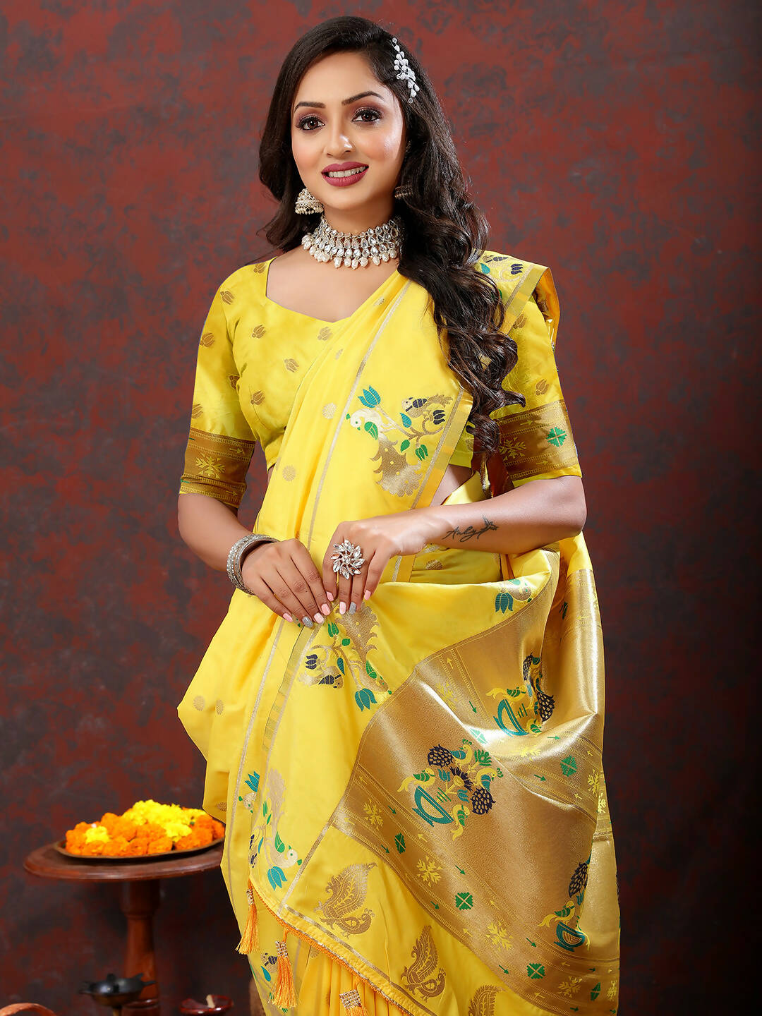 Lorenvalley Fashion Yellow Soft Paithani Silk Woven Design Gold Zari Meenakari Weaving Saree - Swadesiicart