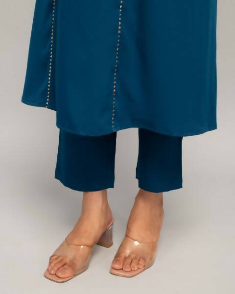 FIORRA Women's Teal Blue Creap A-Line Kurta Pant With Dupatta - Swadesiicart