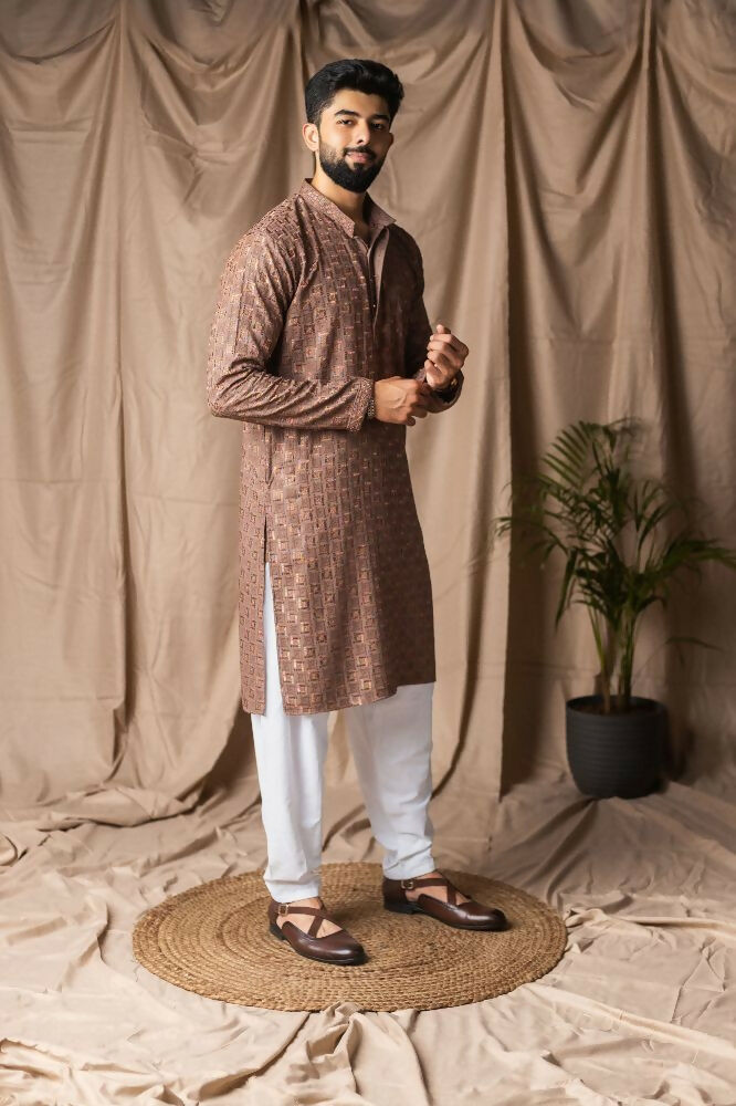 Brown Rayon Thread Embroidery Work Kurta Set - Mahotsav
