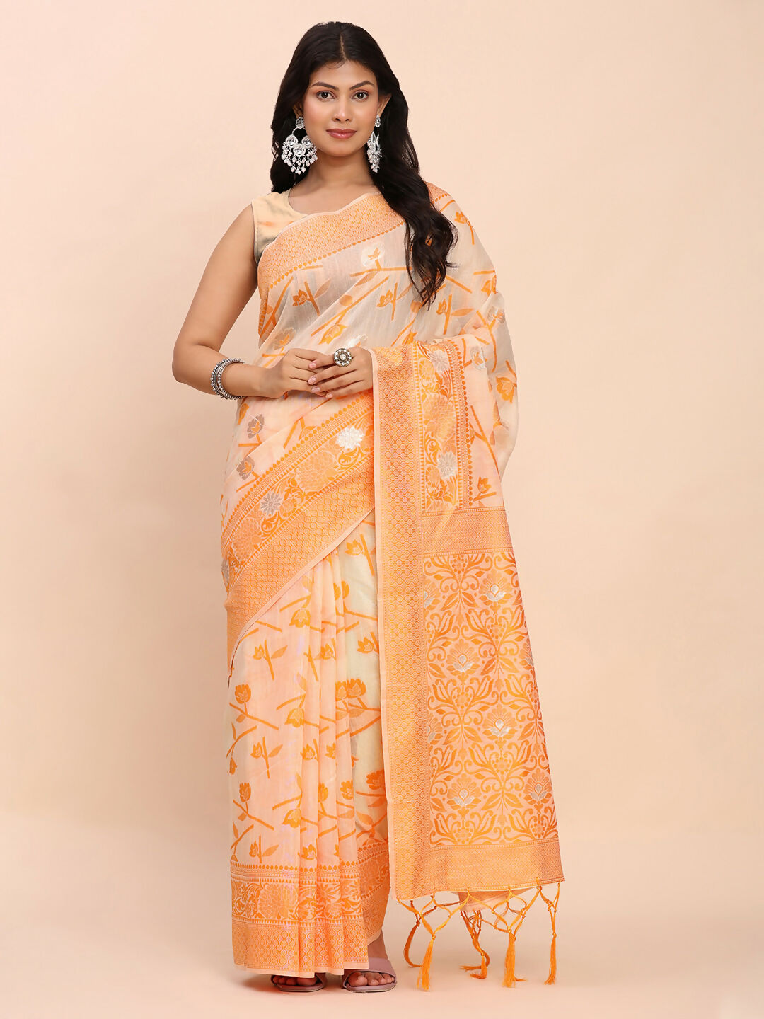 Shree Shyam Fashion Linen Cotton Orange Saree