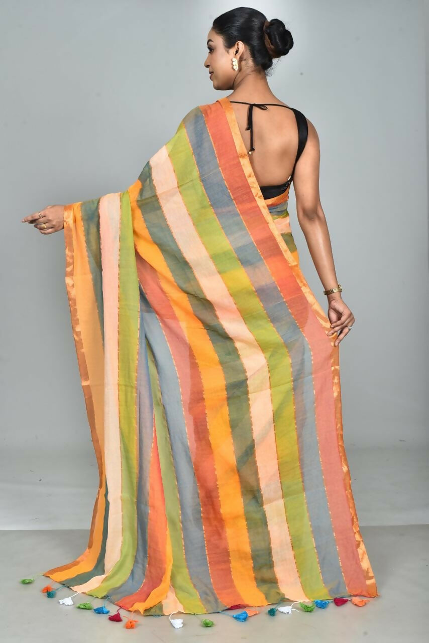 Exclusive Collection Beautiful Multi3 Pure Cotton Woven Handloom Saree With Running Blouse Piece - Swadesiicart