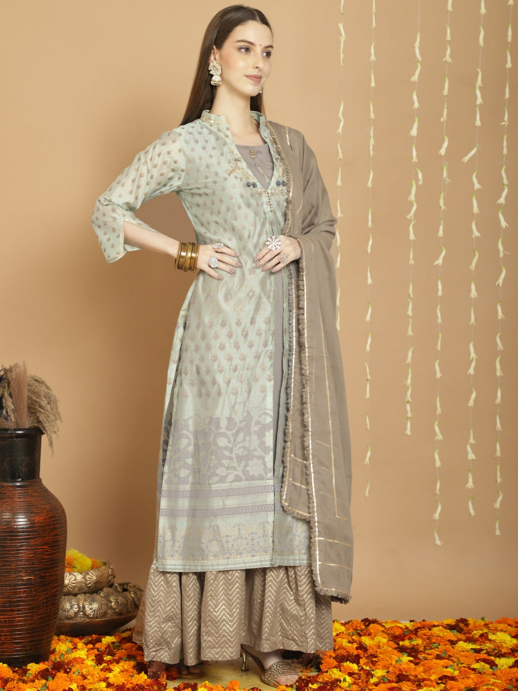 Jyoti Fashion Women's Green Chanderi Silk Elegant Jardoshi Semi Kurta with Trouser & Dupatta | Swadesiicart