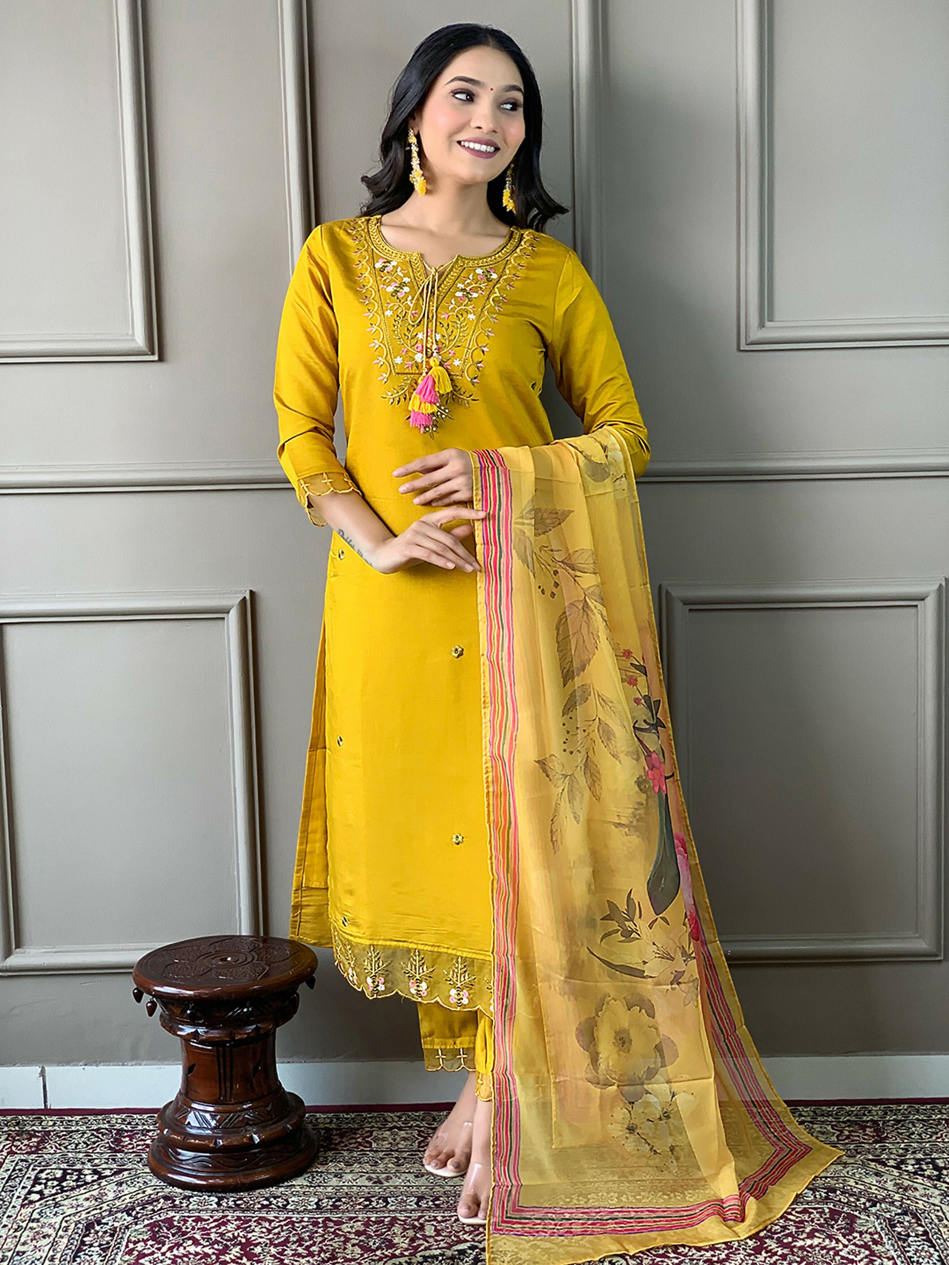 Partywear Designer Chanderi Mustard Stitched Suit With Dupatta - Tanisha | Swadesiicart