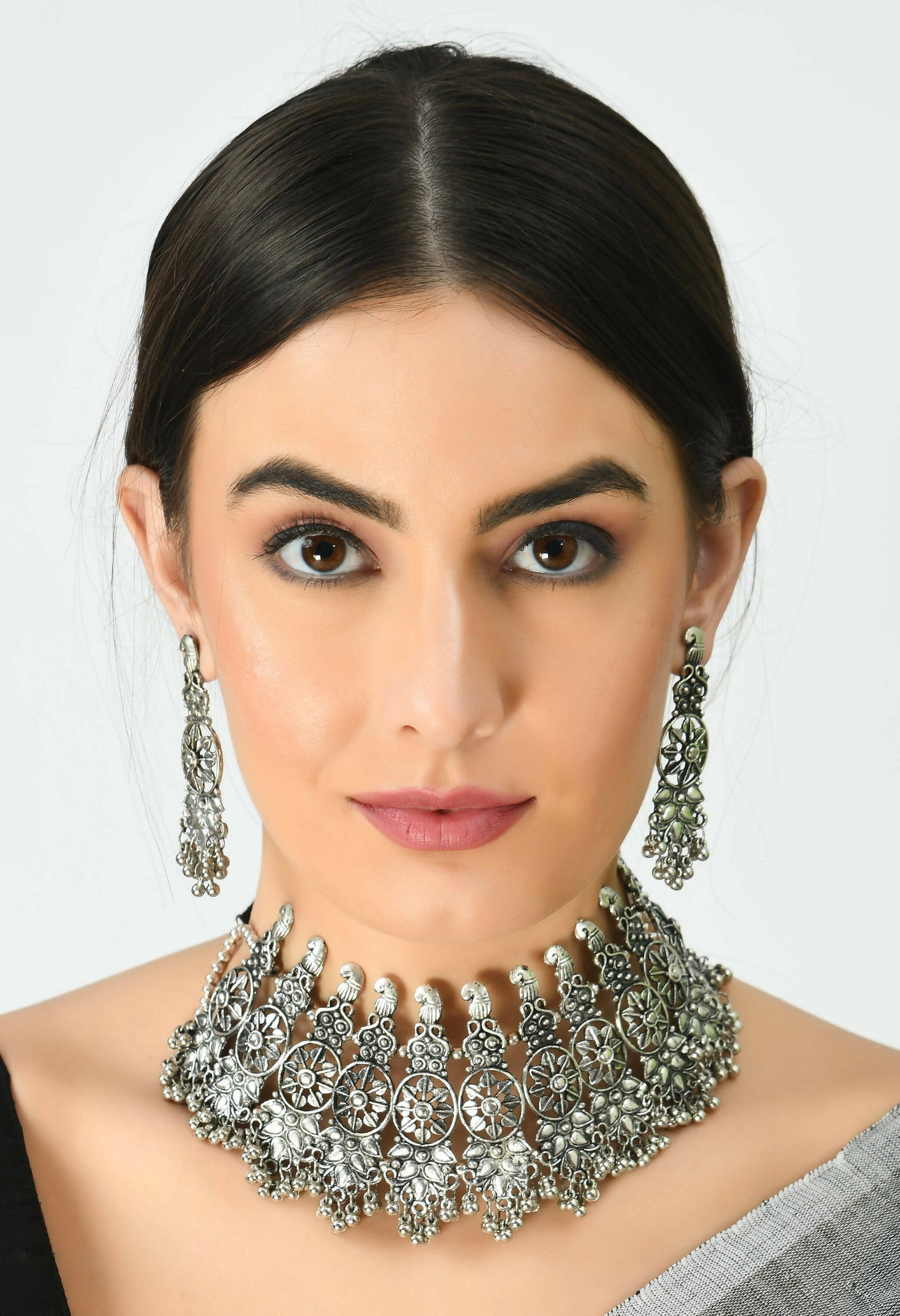 Mominos Fashion Johar Kamal Oxidised Silver-Plated Brass Finish Temple Jewellery with Earrings For Women - Swadesiicart