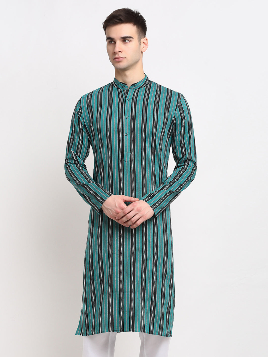 Jompers Men's Green Cotton Striped Kurta Only | Swadesiicart
