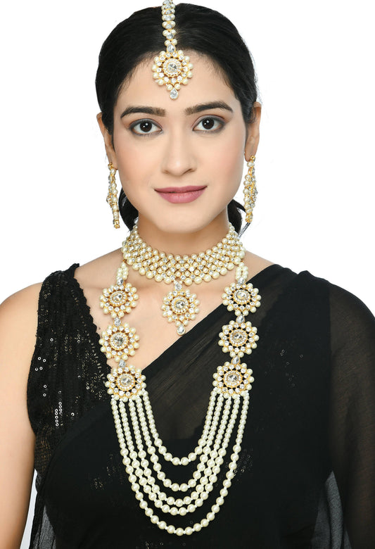 Mominos Fashion Johar Kamal Gold-Polished Rani Haar with Off white Pearls Jewellery Set - Swadesiicart