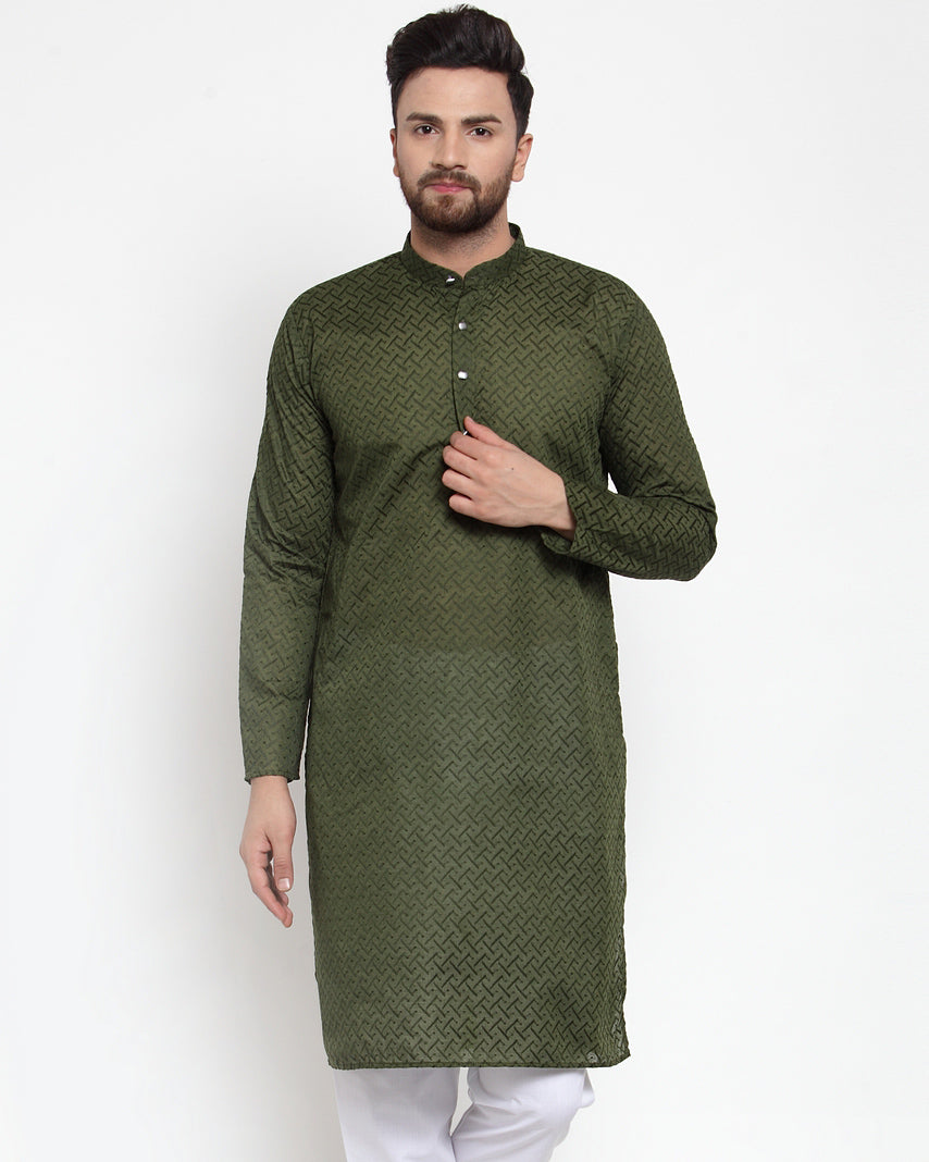 Jompers Men Olive Green Chikan Kurta Only | Swadesiicart