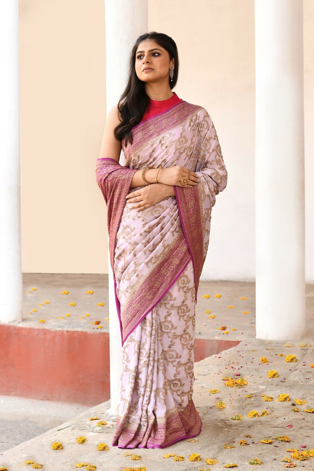 Joban Fashion Pastel Lilac Crepe Chiffon Pure Handloom Banarasi Silk Saree | Swadesiicart
