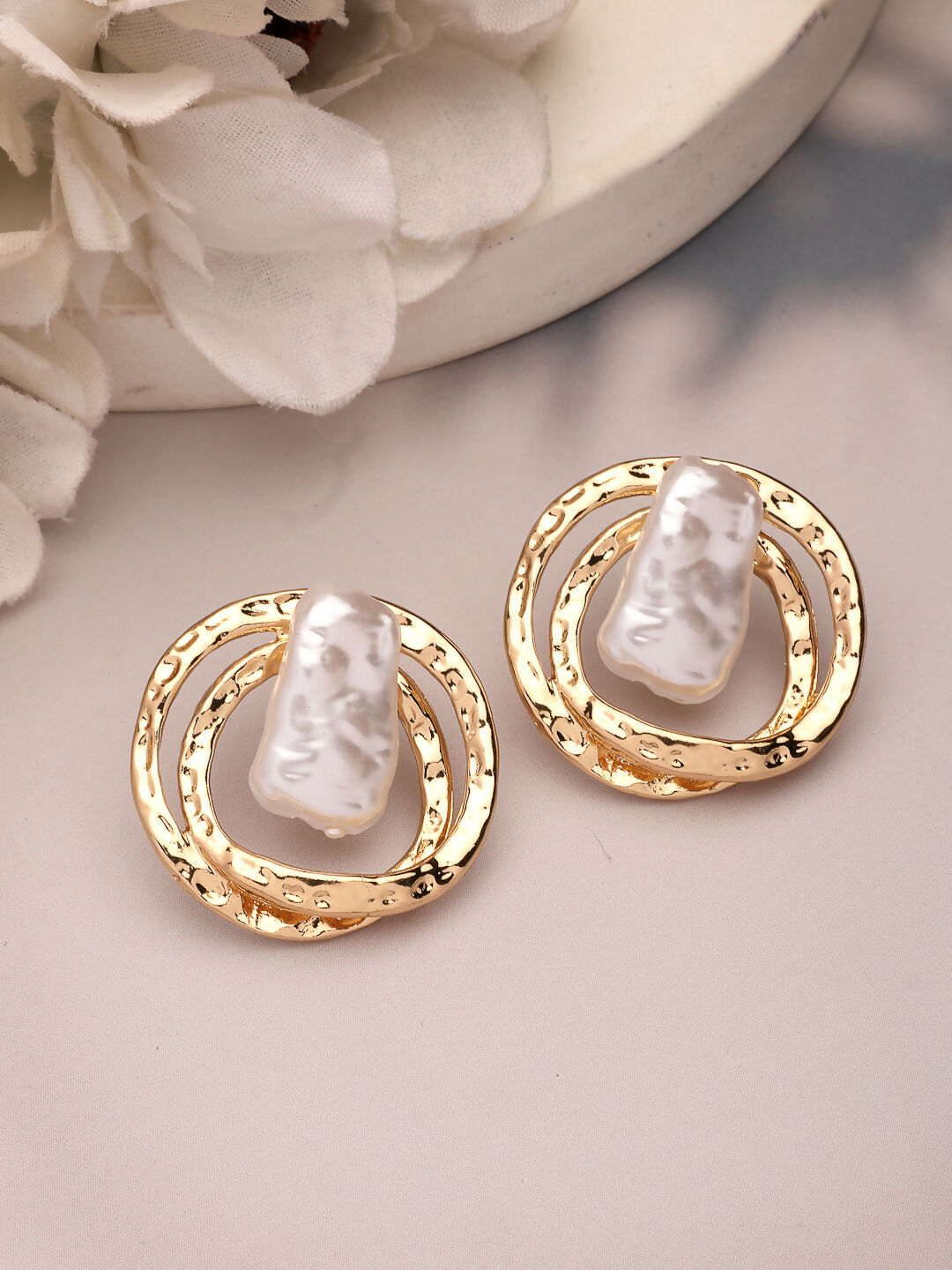 NVR Women's White & Gold-Polished Circular Shape Studs Earring | Swadesiicart