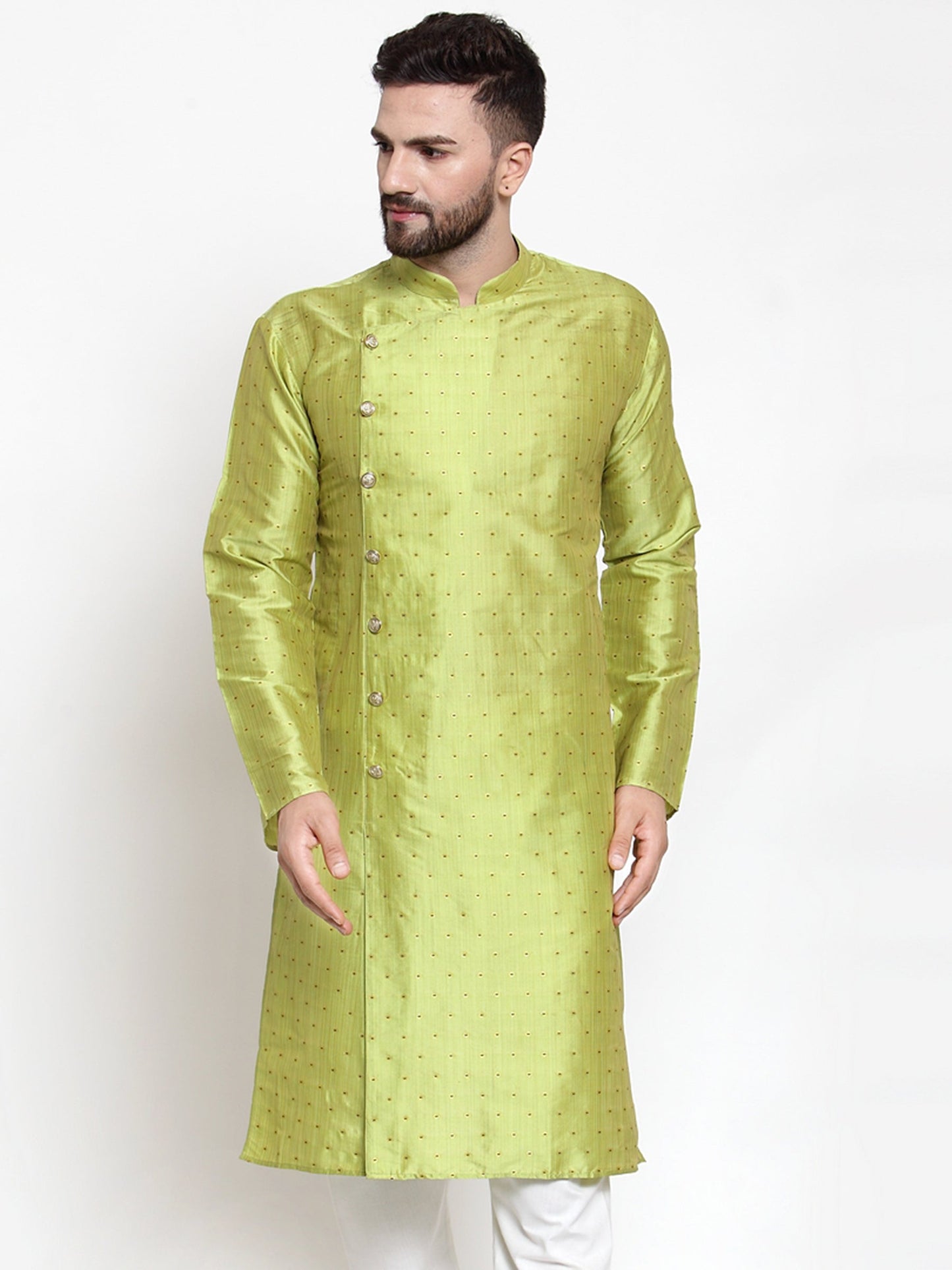 Jompers Men Light-Green & Golden Self Design Kurta Only | Swadesiicart