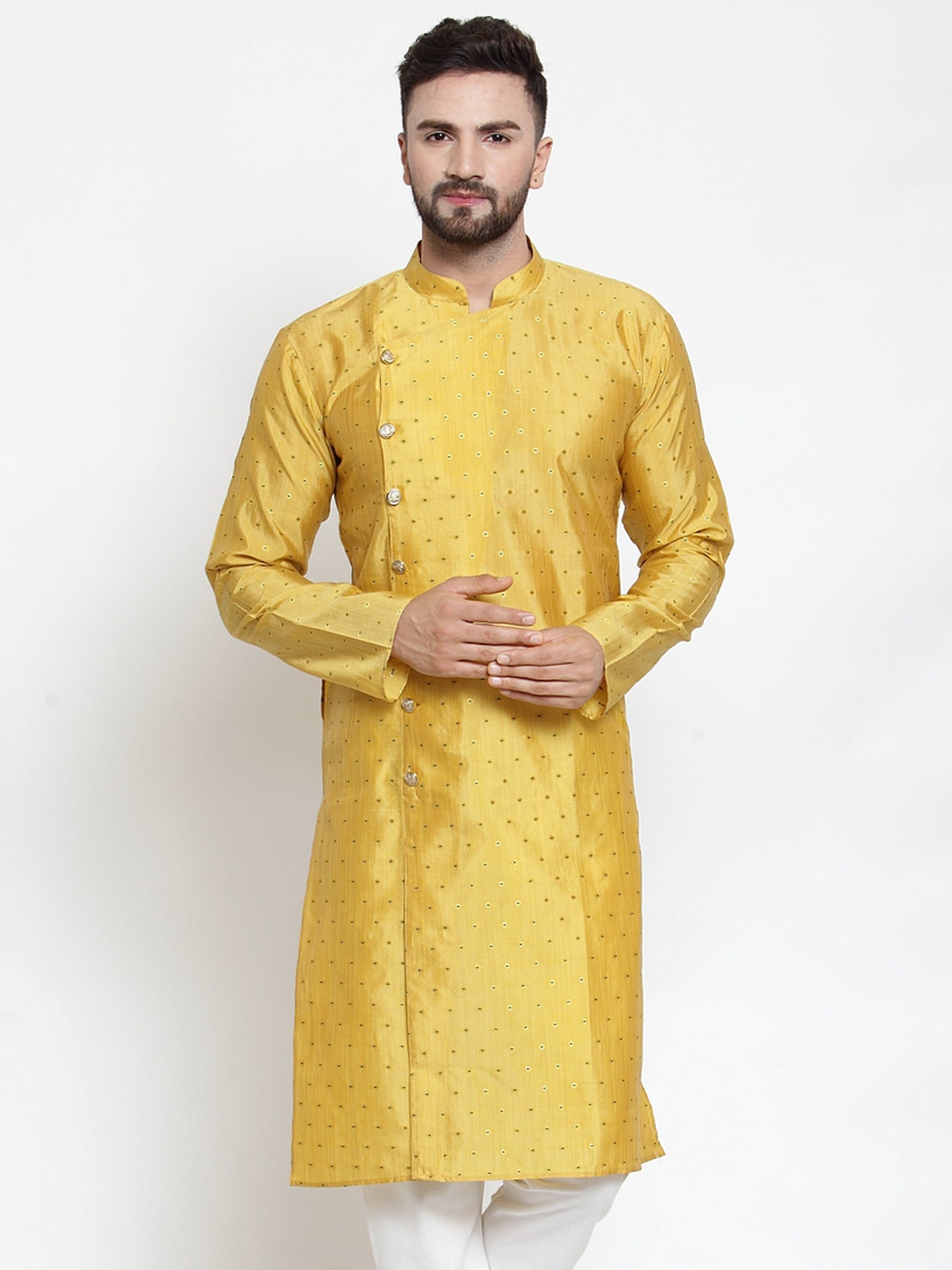 Jompers Men Yellow & Golden Self Design Kurta Only | Swadesiicart
