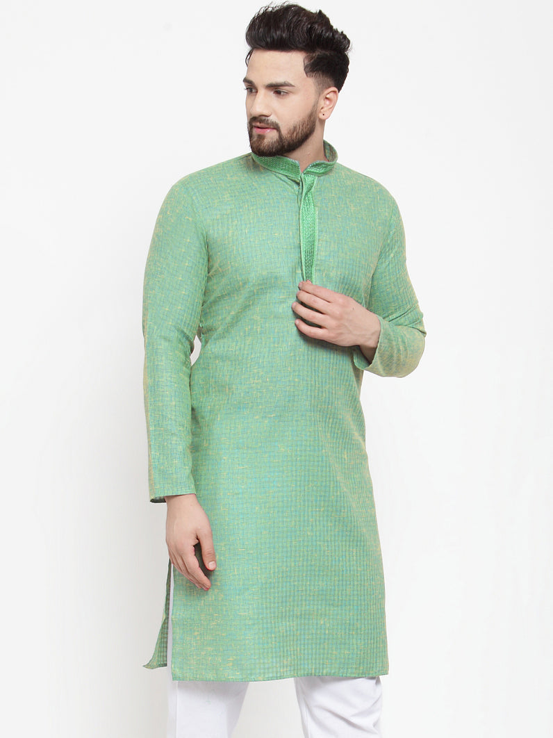 Jompers Men Sea Green & White Embroidered Kurta Only | Swadesiicart