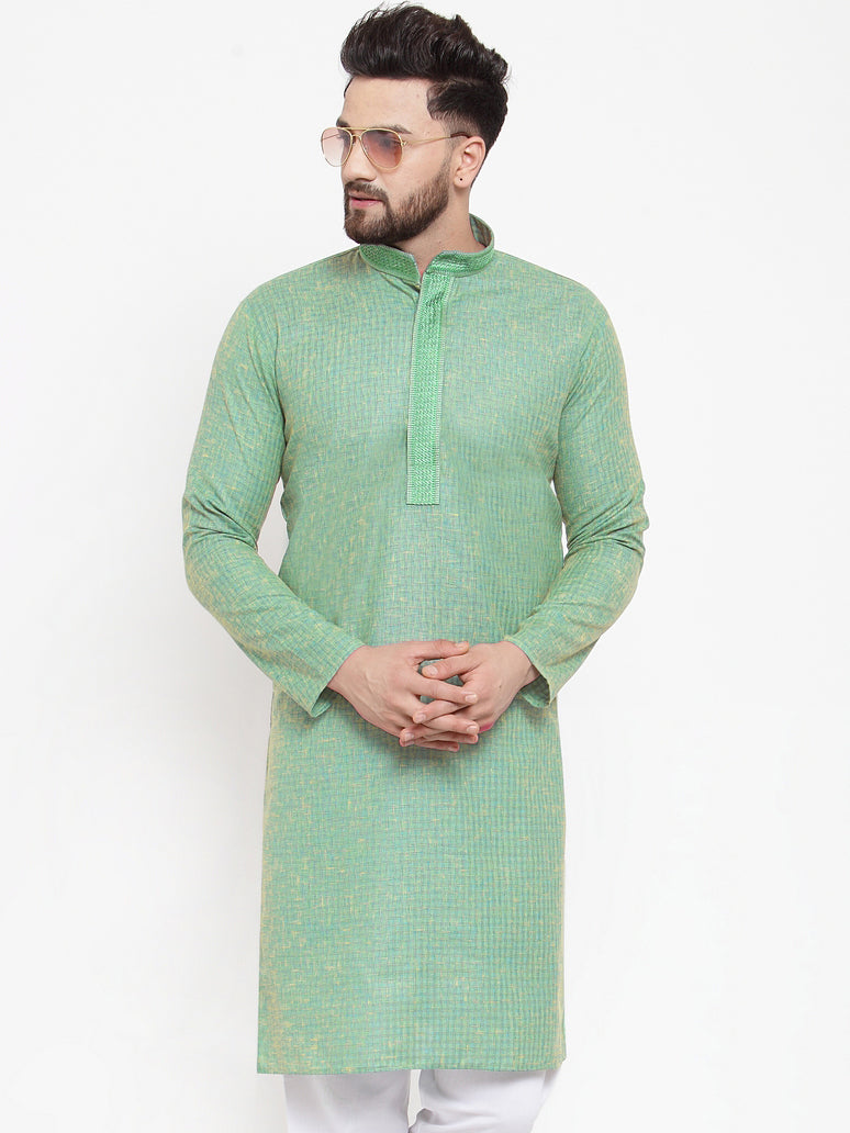 Jompers Men Sea Green & White Embroidered Kurta Only | Swadesiicart
