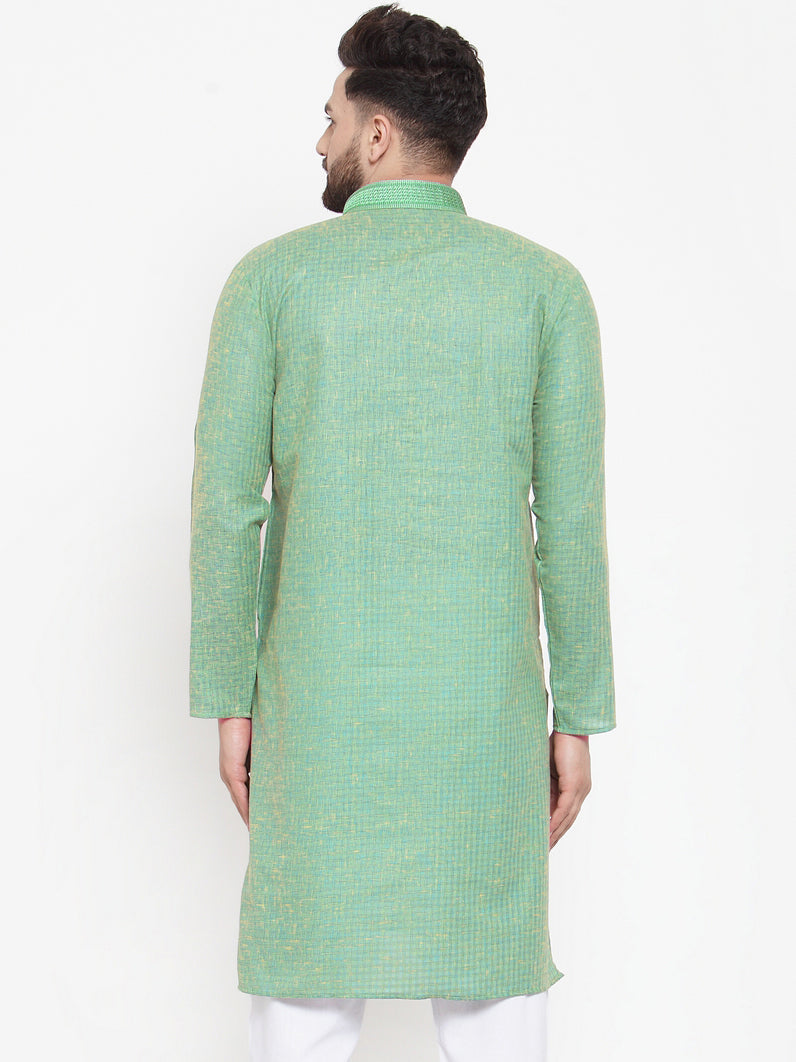 Jompers Men Sea Green & White Embroidered Kurta Only | Swadesiicart