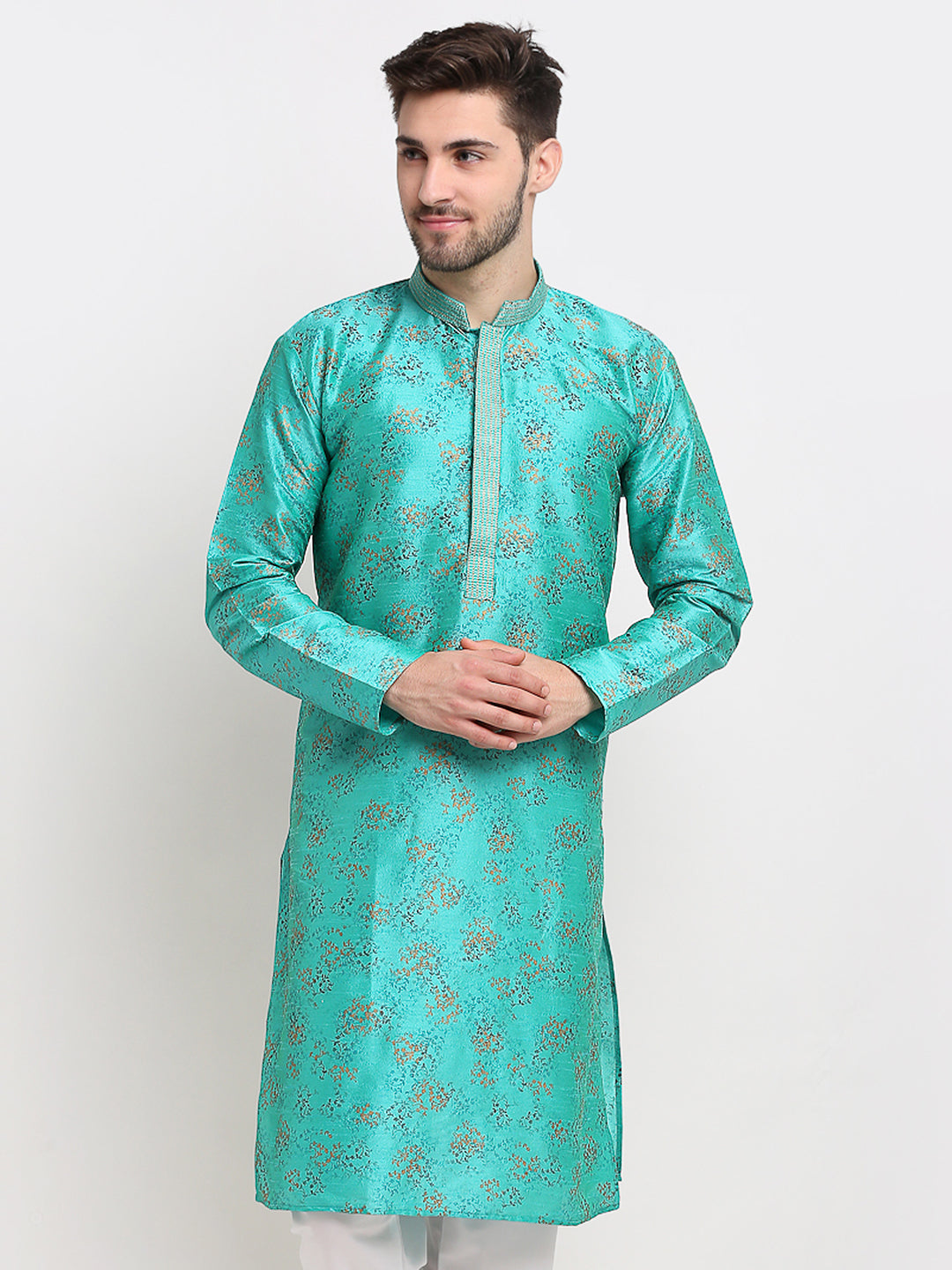 Jompers Men's Green Dupion Printed Kurta Only | Swadesiicart