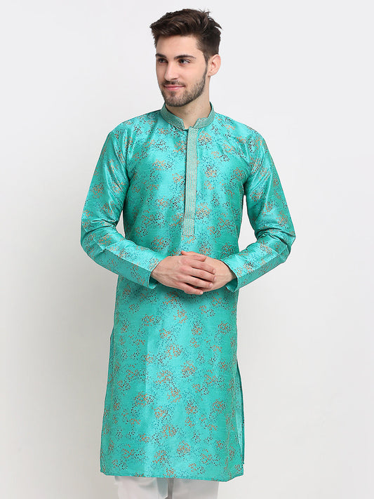 Jompers Men's Green Dupion Printed Kurta Only | Swadesiicart