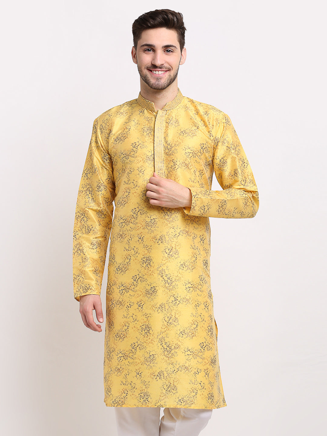 Jompers Men's Yellow Dupion Printed Kurta Only | Swadesiicart