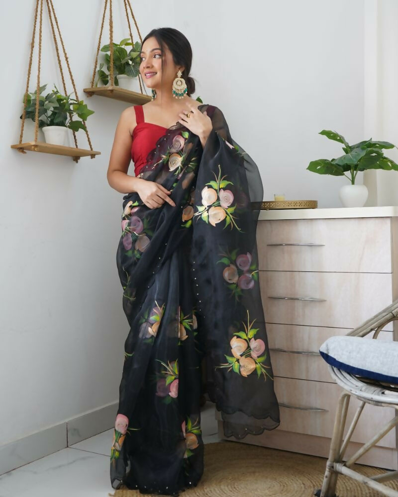 Vamsee Urvashi Black Organza Saree - Swadesiicart