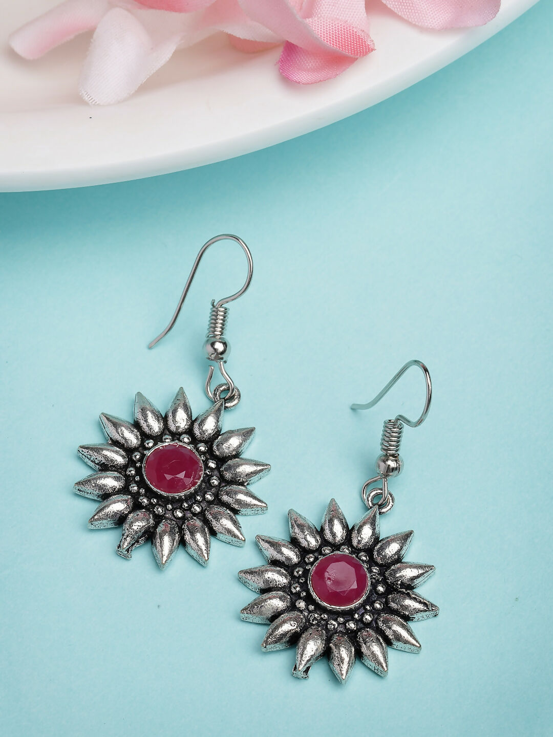 NVR Women's Silver-Toned Artificial Stones German Silver Oxidised Drop Earrings | Swadesiicart