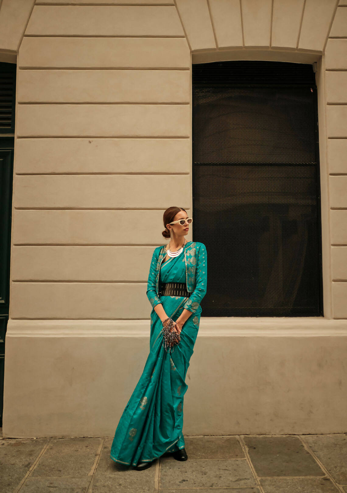 Pacific Blue Weavead Thread & Zari Work, Handloom Weaving Banarasi Satin Silk Saree - Rajtex Kronicle Silk - Swadesiicart