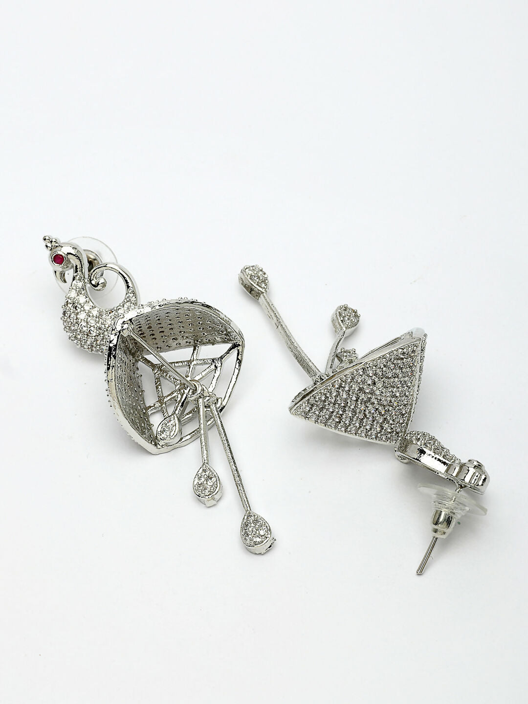 NVR Wome's Silver-Plated AD- Studded Peacock-Shaped Drop Earrings | Swadesiicart