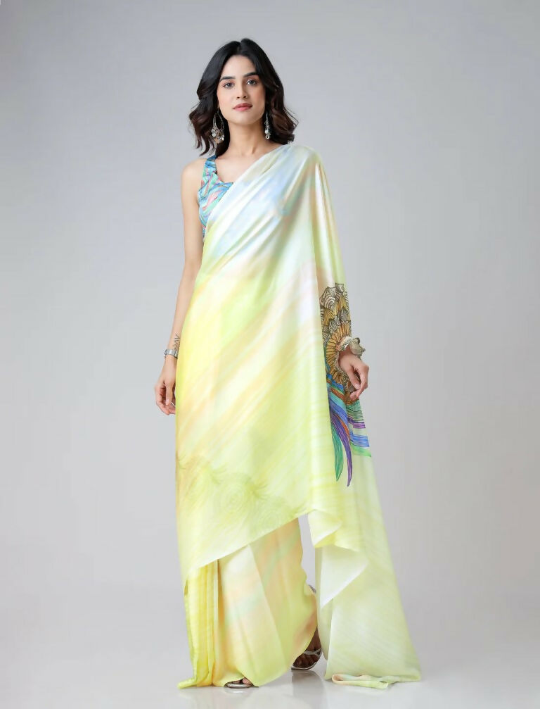 Vastranavya Ombre Yellow Multi-Color Leaves Mandalaa Print Freehand Ready to Wear Saree | Swadesiicart